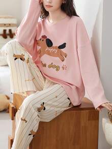 2pcs/Set Women's Pajamas Homewear Set, Couple Style Pullover Round Neck Cute Puppy Print Long Sleeve Long Pants, Comfortable For Home - Pink - View 7