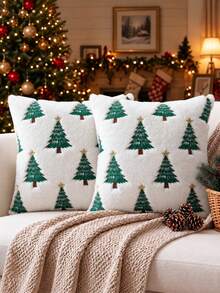 1pc/2pcs Christmas Tree Throw Pillow Covers, Winter Embroidered Christmas Tree Decorative Pillow Cases, Soft Plush Faux Fur Cushion Cover For Xmas Couch Sofa Home Decor - White - View 1