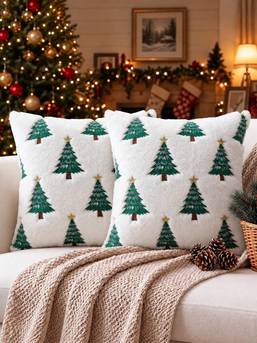 1pc/2pcs Christmas Tree Throw Pillow Covers, Winter Embroidered Christmas Tree Decorative Pillow Cases, Soft Plush Faux Fur Cushion Cover For Xmas Couch Sofa Home Decor - White - View 1