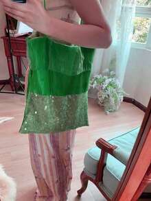Niche Design Ins Sequin Patchwork Fabric Bag New Chinese Style Embroidery Artistic Fresh Fairy Fabric Bag Shoulder Handbag Commute Outing Daily Shopping Large Capacity Tote Bag - Green - View 8