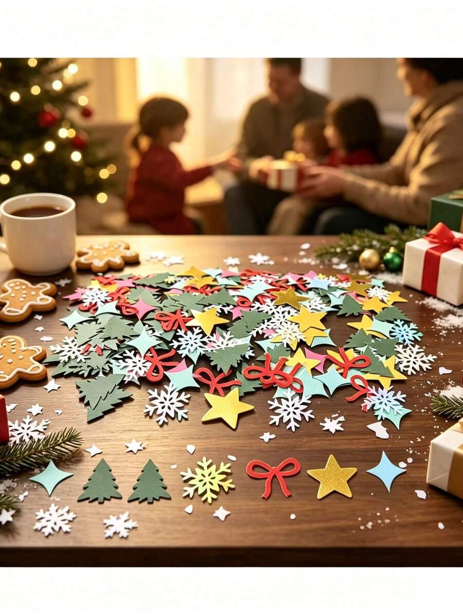 100pcs/Pack Christmas Iridescent Star Confetti, Party Decoration Confetti, Star Snowflake Tree-Shaped Paper Confetti, Holiday Atmosphere Supplies, Tabletop Decoration Confetti, Suitable For Christmas Atmosphere Decoration - Multiple Styles - View 1