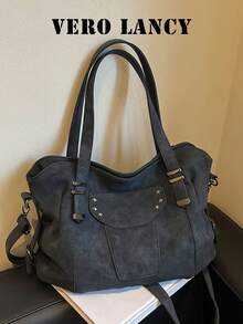 Vintage And Large Capacity Tote Bag, Decorated With Star Rivets And Adjustable Crossbody Shoulder Strap, Perfect For Shopping And Outings - Black - View 2