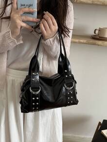 1pc Rivet Multifunctional Black Bag, Vintage Motorcycle Style Rivet Decor PU Leather Shoulder Bag, Punk Rock Style Underarm Bag, Suitable For Commuting, Dating, Party And Music Festival - Black - View 4