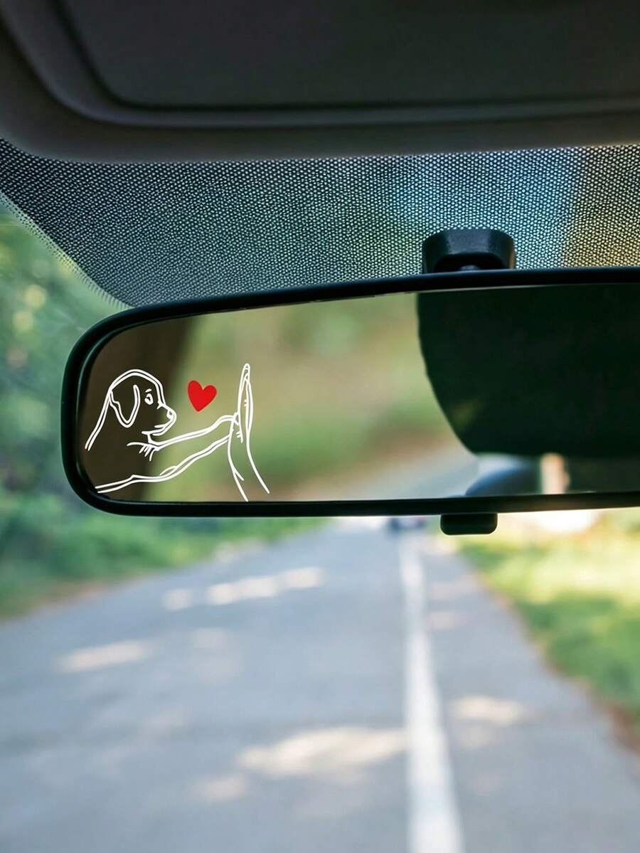 Puppy High Five Car Rearview Mirror Sticker, Simple Line Art Heart Pet Dog Car Interior Decor Sticker, Personalized Car Window Decal - A - View 1