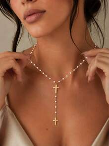 Cross Long Necklace 14k Gold Plated Lariat Long Cross Necklaces For Women Simple Statement Drop Necklace Fashion Body Chain Prom Jewelry - Gold - View 1