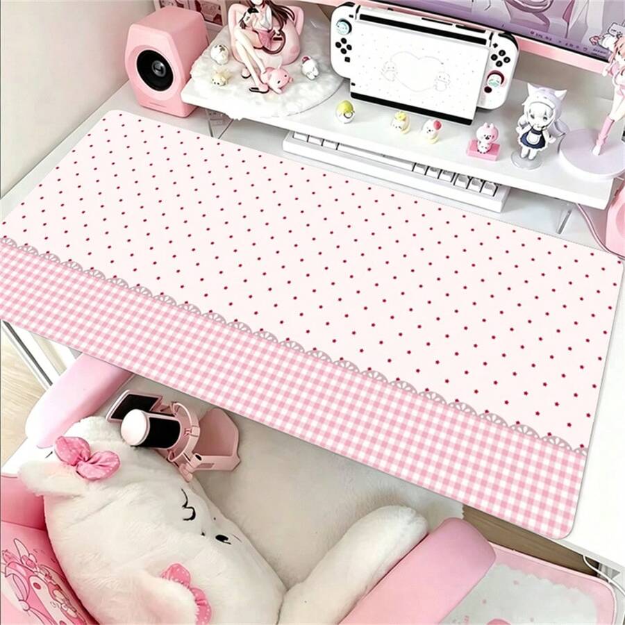 Cute Pink Check & Polka Dots Pattern PU Leather Large Desk Mouse Pad, Waterproof Anti‑Dirt Non‑Slip Keyboard Desk Mat, Smooth Desktop Protector Decor For Home Office Work Study Gaming, Aesthetic Lace Design Large Size Desk Pad For Daily Desktop Use - View 1