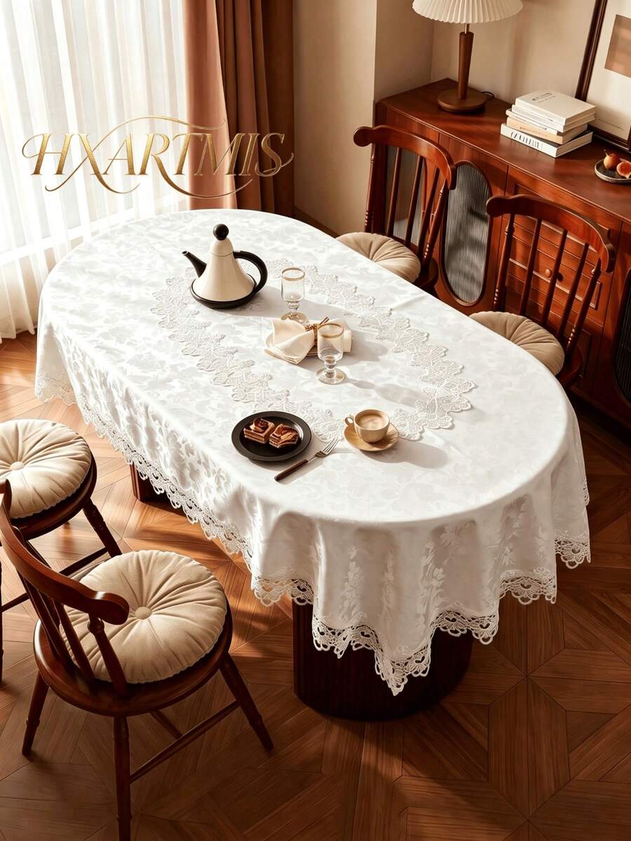 HXARTMIS 1 buah Taplak Meja Jacquard Putih Elegan dengan Bordir, Taplak Meja Persegi Panjang Motif Bunga Timbul Bergaya Vintage, Cocok untuk Meja Makan di Rumah, Teras Luar Ruangan, Pesta Pernikahan - Putih - View 1
