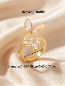 1 buah Cincin Terbuka Dua Kupu-kupu Berlapis Emas/Perak, Inlay Cangkang Merah Muda & Zirkonia, Cincin Pernyataan Kupu-kupu untuk Wanita, Perhiasan Jari untuk Pesta, Sehari-hari, Kencan - Berbentuk kupu-kupu & Berbentuk bunga - View 5