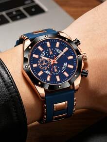 Casual Fashion Silicone Deep Blue Quartz Watch With Calendar Design, Gift For Kids, Christmas Outfit Selection - Multicolor - View 4