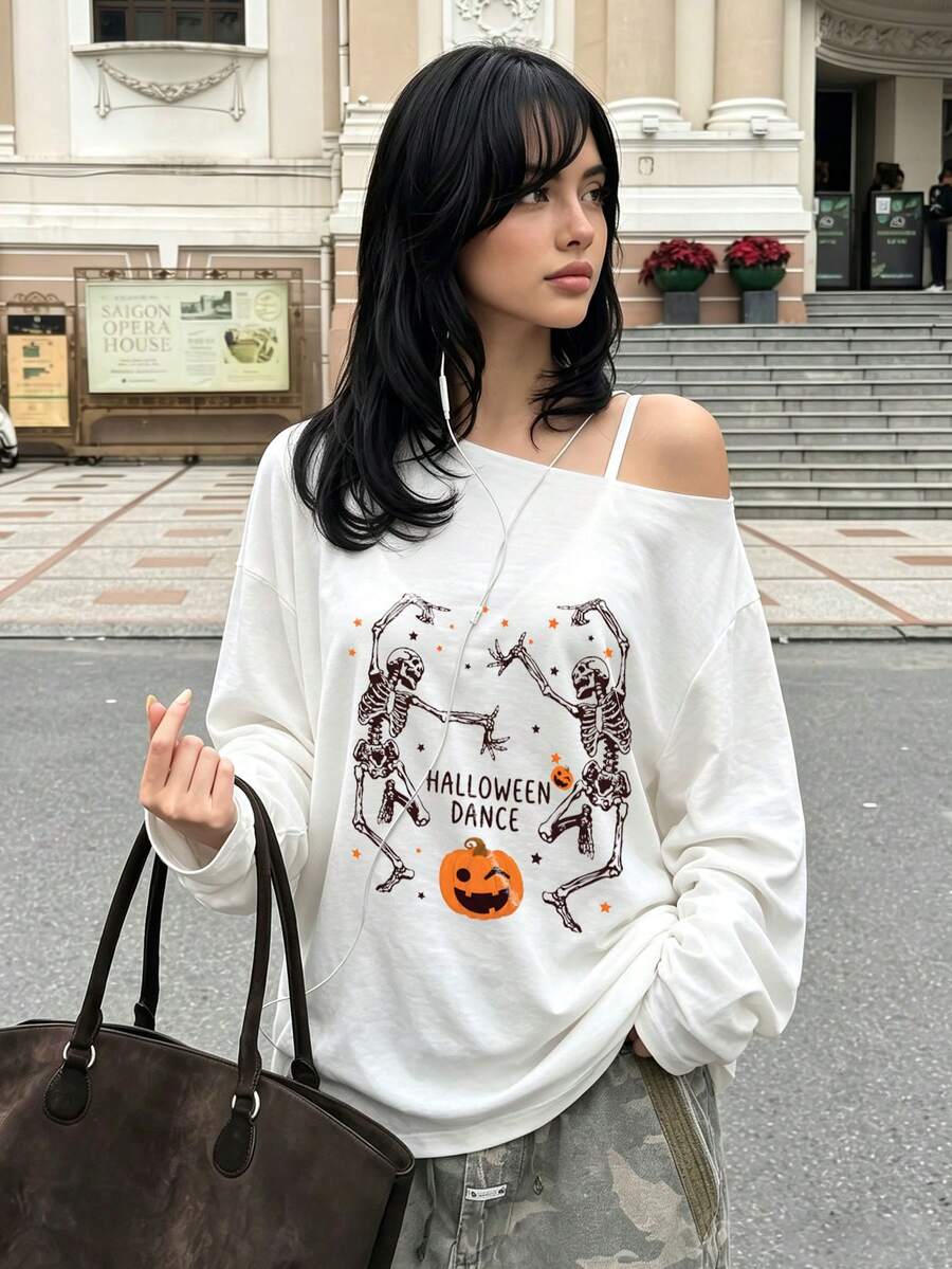 Halloween Off‑Shoulder Oversized Long‑Sleeve Top, Dancing Skeleton Pumpkin Print Casual Fall Tee - White - View 1