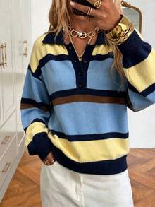 Sweater Pullover Rajut Wanita Kerah Polo Kancing Colorblock Musim Gugur/Dingin, Atasan Lengan Panjang Longgar Gaya Kasual Santai Preppy - Biru - View 11