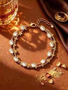 1Pc Vintage Double Layer Flower Chain Glass Stone Bracelet, Multi‑Color Oval Inlaid Beaded Chain Bracelet, Party Daily Wrist Jewelry For Women - Glass Rhinestone Flower Bracelet - View 15