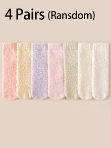 2/4 Pairs Women Solid Color Fuzzy Socks,Non‑Slip Grips Soft Coral Fleece Cozy Winter Home Socks Warm Plush Sleeping Floor Socks For Indoor Wear Random - Multicolor - View 6