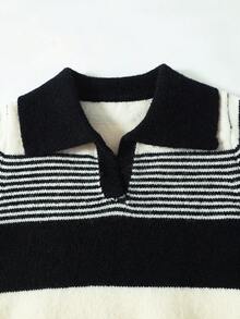 Young Boy Striped Polo Collar Sweater, Autumn/Winter Unisex Kids Knit Pullover, Long Sleeve Versatile Top - Blue - View 3