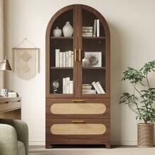 Display Cabinet With Montmartre Arch, 175x80x40cm, Bookshelf With 2 Drawers & Adjustable Shelves, Retro Design, Walnut - Natural Color 1 - View 3
