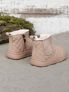 Toddler Thermal Lined Warm Boots, Unisex Solid Color Soft Sole Fashion Versatile Mid-Top Boots With Side Zipper Easy On/Off Kids Shoes - Khaki - View 4