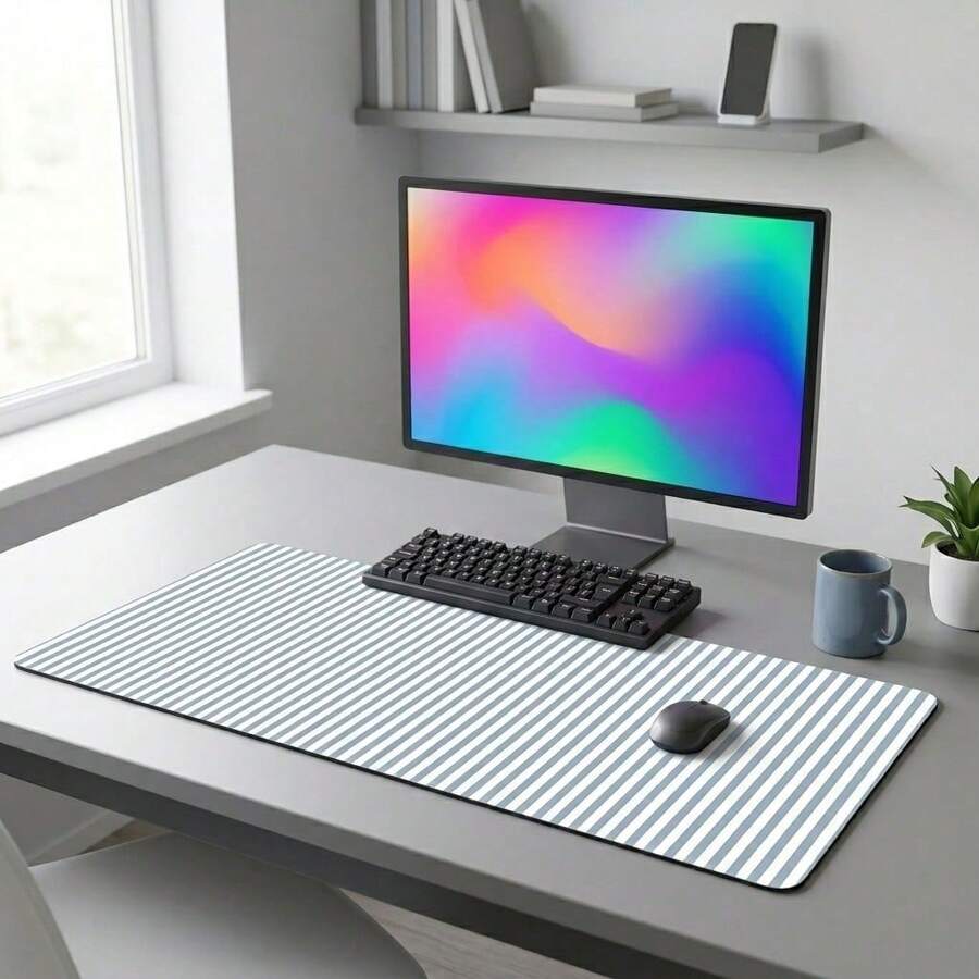 Extra Large Office Desk Mouse Pad, Light Blue And White Vertical Striped Soft Gaming Keyboard Pad, Non-Slip Rubber Bottom Stitched Edge Waterproof Large Desk Mat, Suitable For Office, Home, Laptop Decoration - Mouse Pad - View 1