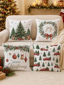 Christmas Minimalist Christmas Tree Pattern Cushion Cover 4pcs Set, Single-Sided Printed Peach Skin Velvet Polyester Material, 45*45CM Pillowcase For Modern Fabric Sofa Indoor Decor, Party Decoration, Gift Giving - Multicolor - View 6