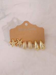 6-18PCS Gold Vintage Shell & Starfish Earring Set, Beach Vacation Vibe Combination Earrings - Gold - View 5