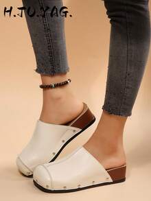 Women's New Autumn/Winter Flat French Retro Versatile Slip-On Shoes, Soft Sole With Thermal Lining, Square Toe Commuter Casual Beach Slides - Beige - View 4