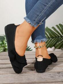 Fashionable Versatile Ruffle Trim Square Toe Low Vamp Slip-On Comfortable Gentle Style Shoes, Spring/Autumn New - Black - View 5
