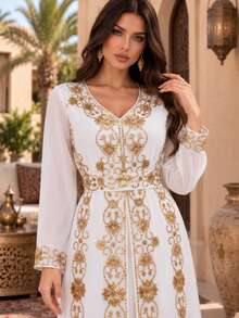 رداء نسائي أنيق بأكمام طويلة وياقة على شكل حرف V مزين بالخرز بتصميم ضيق - أبيض - مشاهدة 1