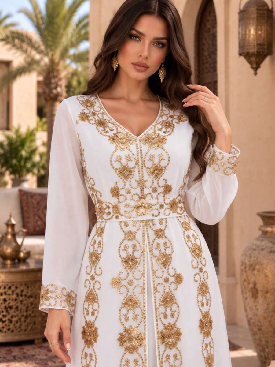 رداء نسائي أنيق بأكمام طويلة وياقة على شكل حرف V مزين بالخرز بتصميم ضيق - أبيض - مشاهدة 1