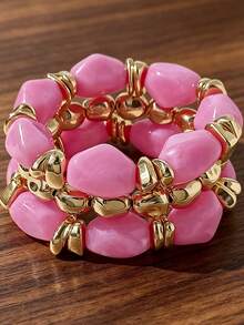 3pcs Set Fashion Vintage Bohemian Thick Multi-Layer Pink Acrylic Asymmetrical Beaded Bracelet Set For Women - Pink - View 2