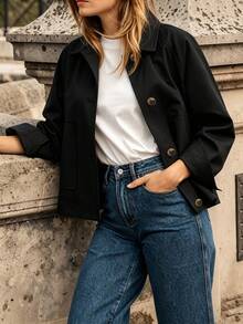 Short Lapel Utility Jacket, Button Back, Loose Fit Autumn/Winter Outerwear, Suitable For Casual Outdoor Wear - Black - View 6