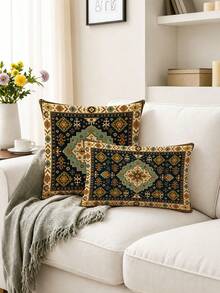 2件裝波希米亞復古風抱枕套，居家裝飾禮品，仿亞麻聚酯纖維材質，隱形拉鍊，不含填充物，適用於居家裝飾、客廳裝飾、沙發裝飾靠墊、墊套、腰枕套 - 彩色 - 查看 8