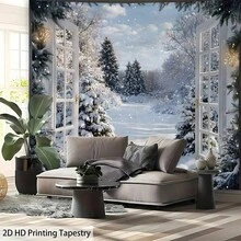 1pc Wall Tapestry Open Door Winter Snow Landscape Print Wall Hanging Snow Covered Pine Tree Falling Snow Festive Light Pattern Wall Decor For Bedroom Living Room Dorm Sofa Background Aesthetic Cloth For Holiday Party Photoshoot Backdrop Interior - Multicolor - View 6