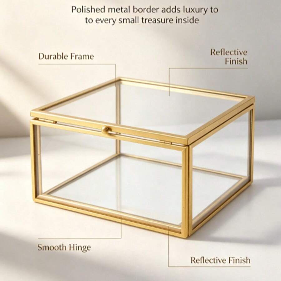 1pc Transparent Glass Storage Box With Lid For Skincare, Cosmetics, Lipstick, Jewelry, Vanity Desktop Dust-Proof Organizer Tray - Gold - View 1