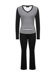 LovelyWholesale Women's Casual V-Neck Striped Colorblock Long Sleeve Top And Flare Pants 2-Piece Set, Autumn Outfit - Black - View 5