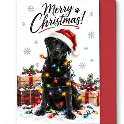 1PC Warm And Cute Labrador Christmas Card, [2D Flat Card], Black Labrador Wearing Christmas Hat Wrapped In Colorful Lights, Surrounded By Gift Boxes And Snowflakes, "Merry Christmas!", Suitable For Pet Lovers, With Envelope. 3BXX