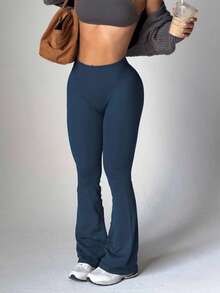 Women Seamless Flare Yoga Pants, High Elastic High Waist Bootcut Leggings Butt Lifting Sports Bell‑Bottom Pants For Gym Workout - Navy Blue - View 3