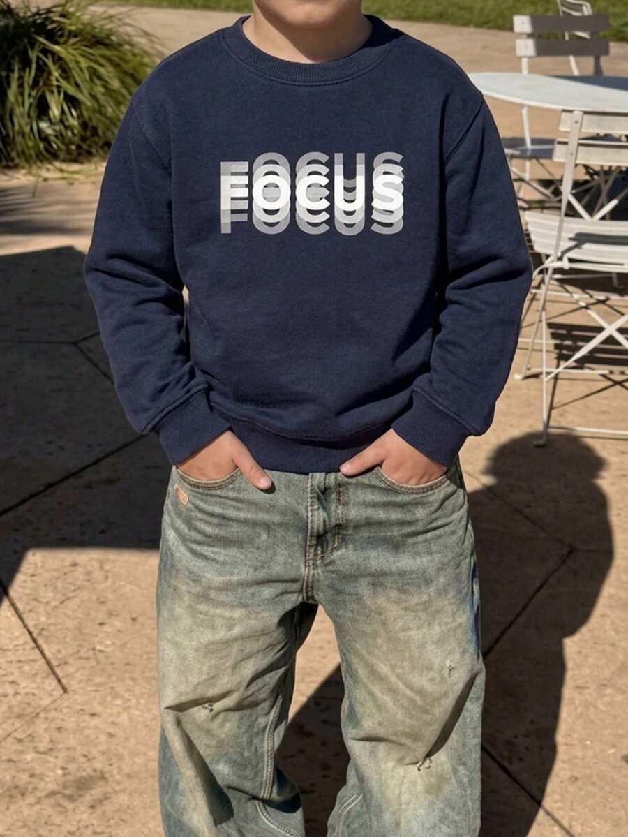 Tween Boys FOCUS Letter Graphic Crew Neck Sweatshirt, Casual Loose Pullover - Navy Blue - View 1