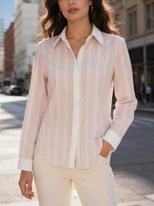 Women's Long Sleeve Casual Striped Cuff Patchwork, Shirt Collar Patchwork, Button Loose Shirt - Pink - View 1