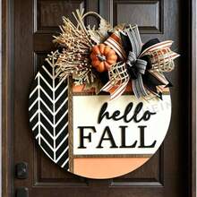 Trang trí treo cửa trước "Hello Fall", vòng hoa mùa thu, trang trí cửa trước, trang trí hiên nhà, vòng hoa mùa thu 3D, chữ 2D, trang trí nhà cửa, biển gỗ mùa thu ngoài hiên - Nhiều màu - Xem 3