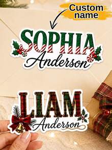 LICVIC Custom Christmas Name Sticker, Festive Plaid & Candy Cane Letter Decal, Personalized Christmas Labels Stickers, Customized Holiday Sticker, Christmas Gift, Customizable Christmas Decoration For Party Favors And Seasonal Gifts, Christmas Sticker - Style C - View 1