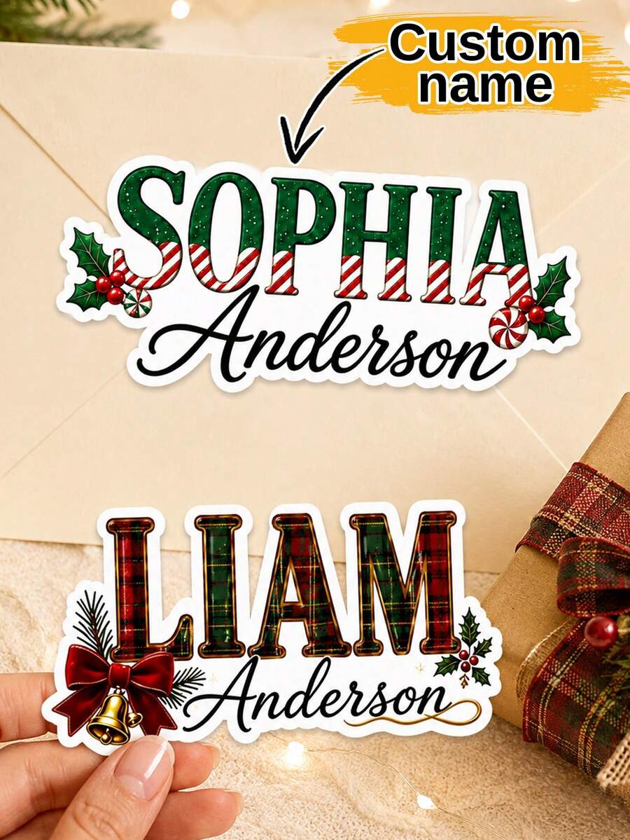 LICVIC Custom Christmas Name Sticker, Festive Plaid & Candy Cane Letter Decal, Personalized Christmas Labels Stickers, Customized Holiday Sticker, Christmas Gift, Customizable Christmas Decoration For Party Favors And Seasonal Gifts, Christmas Sticker - Style C - View 1