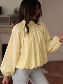 Plus Size Women's Solid Color French Lantern Sleeve Pleated Top, Casual Vacation Versatile Yellow - Yellow - View 3