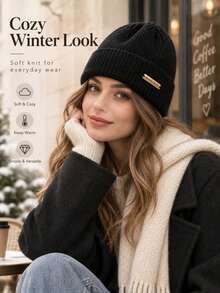 1pc Classic Metal Tag Knit Beanie, Unisex Solid Color Ribbed Rolled Edge Brimless Casual Hat, Soft & Warm For Autumn/Winter Daily Wear - Metal Logo Solid Color - View 8
