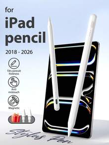 قلم Stylus لجهاز iPad (A16) 11 بوصة الجيل الحادي عشر 2025، إكسسوار قلم متوافق مع 2018-2026، نقرة مزدوجة على الجزء العلوي من القلم لتشغيله/إيقافه، متوافق مع الجيل العاشر/التاسع/الثامن/السابع 10.2 بوصة وAir4 5 11 M2/M3 وPro11 2020/2021/2022، بطارية 90mAh مع وظيفة الإمالة والتسميك، رفض راحة اليد واتصال مغناطيسي، لا حاجة لربط البلوتوث، تصميم رأس قابل للاستبدال، كابل Type-C مرفق، أبيض - أبيض - مشاهدة 2