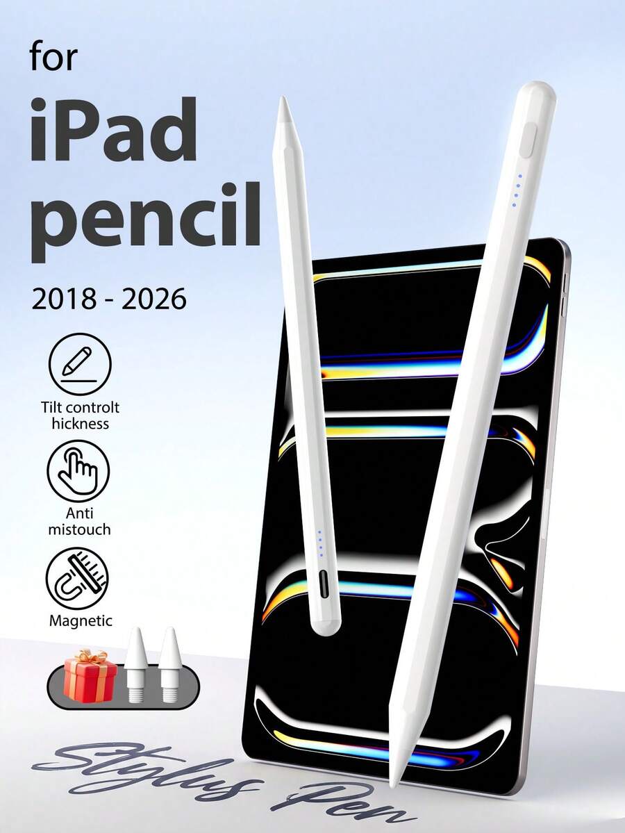قلم Stylus لجهاز iPad (A16) 11 بوصة الجيل الحادي عشر 2025، إكسسوار قلم متوافق مع 2018-2026، نقرة مزدوجة على الجزء العلوي من القلم لتشغيله/إيقافه، متوافق مع الجيل العاشر/التاسع/الثامن/السابع 10.2 بوصة وAir4 5 11 M2/M3 وPro11 2020/2021/2022، بطارية 90mAh مع وظيفة الإمالة والتسميك، رفض راحة اليد واتصال مغناطيسي، لا حاجة لربط البلوتوث، تصميم رأس قابل للاستبدال، كابل Type-C مرفق، أبيض