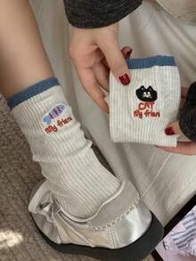1/2/3/4 Pasang Kaos Kaki Abu-abu Anak Perempuan Setengah Betis, Desain Kucing Kartun Lucu, Kaos Kaki Panjang Slouch Musim Gugur/Dingin, Gaya Korea Ins - MultiWarna - View 5