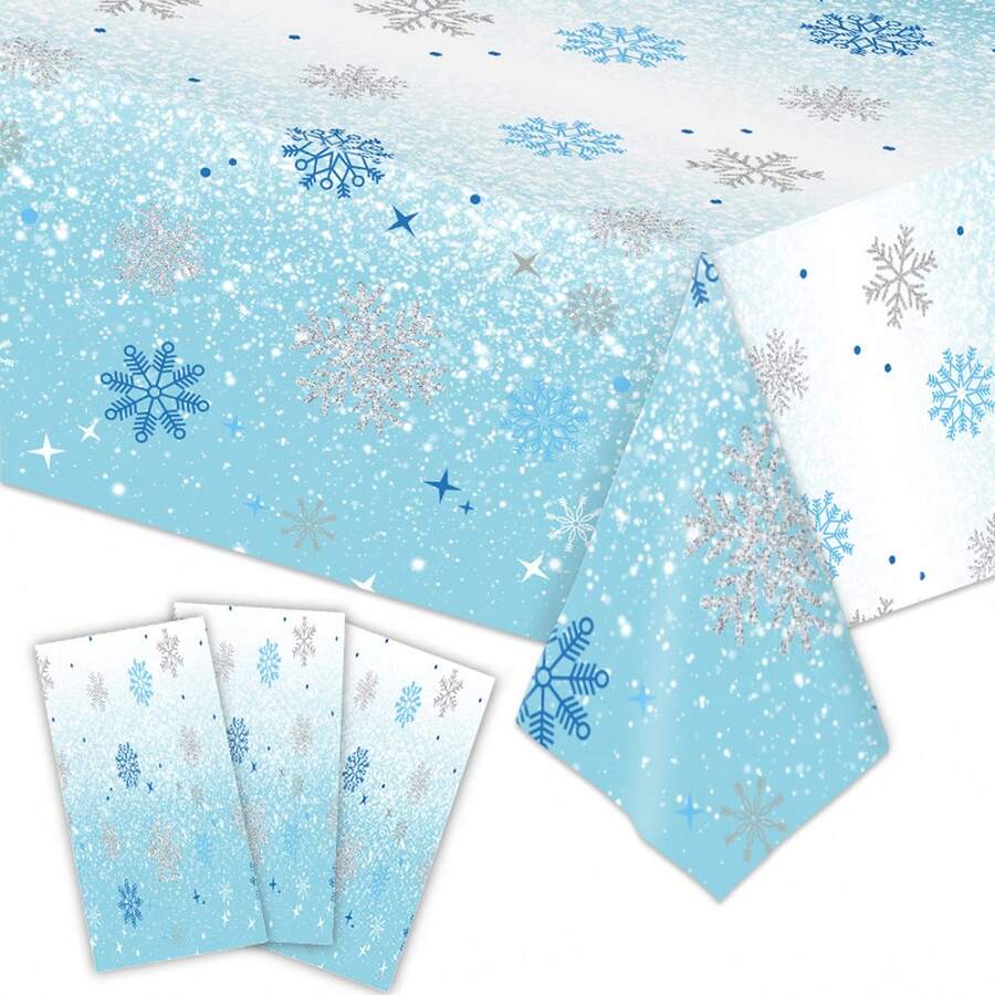 1/2 Pack Winter Snowflake Disposable Tablecloth, Blue Ice Wonderland Plastic Table Cover, Suitable For Christmas And Birthday Party Decoration - Multicolor - View 1