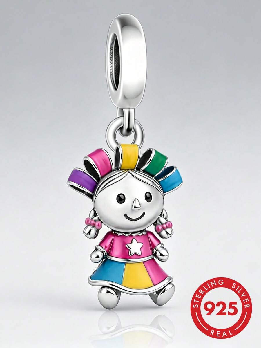 1pc S925 Sterling Silver Colorful Doll Pendant Bead, Resin Childlike Style Little Girl DIY Bracelet Charm - Silver - View 1