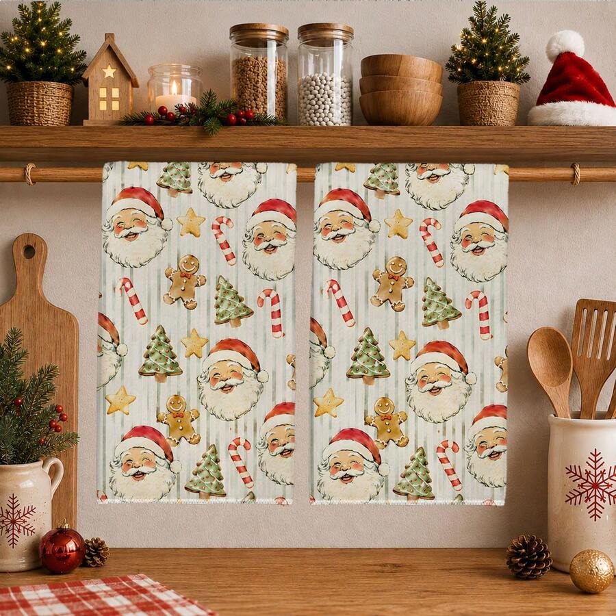 2PCS Kitchen Towels Striped Santa Claus Seamless Print 40*60cm Minimalist Style Rectangular Microfiber Kitchen Towels, Dish Cloths, Tablecloths, Hand Towels, Christmas Kitchen Decor, Home Decor, Neighbor Housewarming Gifts, Perfect For Kitchen And Bathroom Use, Suitable For Housewives And Family Gathering Gifts, High Cost-Performance, Essential Household Item - Multicolor - View 1