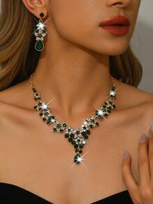 1 Set Luxury Scarf Jewelry Set, Women's -Shaped Exaggerated Necklace And Dangle Earrings, Zinc Alloy All-Season Party Accessories, Suitable For Wedding, Valentine's Day, Christmas, Evening Party - Green - View 2