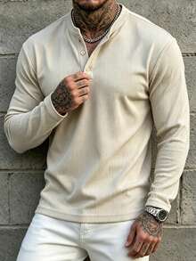 Men's Solid Color Waffle Knit Henley Long Sleeve T-Shirt, Double-Breasted Placket Slim Fit Ribbed Texture Casual Top, Suitable For Spring And Autumn - Apricot - View 3